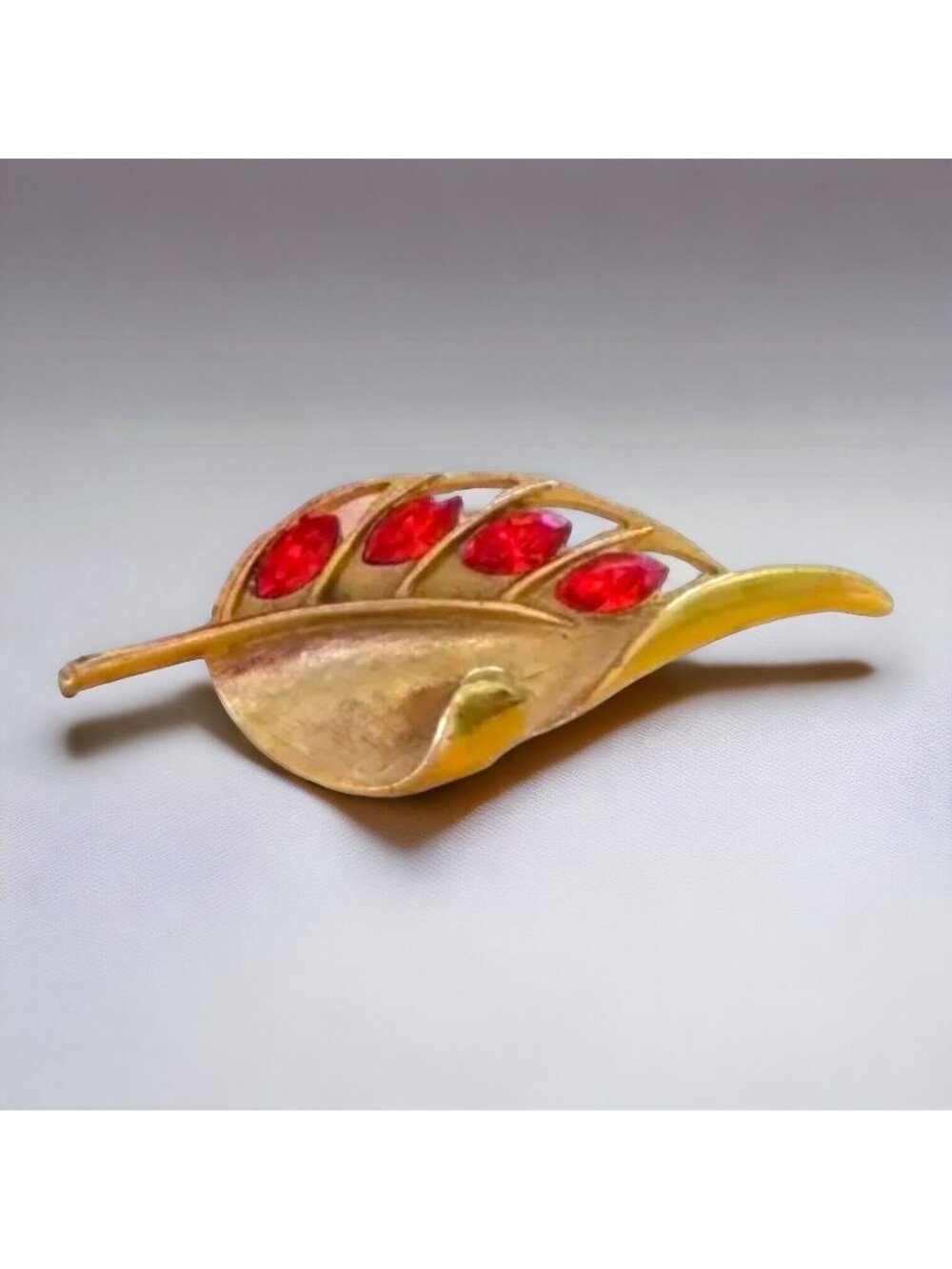 Vintage Leaf Brooch Pin Gold Tone Orange Rhinestones Accent Statement Autumn 3"